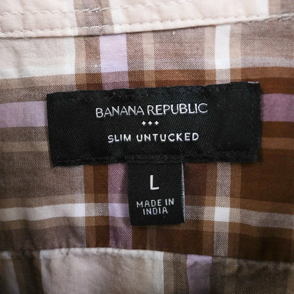 Banana Republic Shirt Men Slim Untucked Plaid Button‎ Down Brown Purple Large
